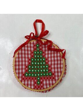 Handmade Cross Stitch Christmas Tree Embroidery Hoop Ornament Red